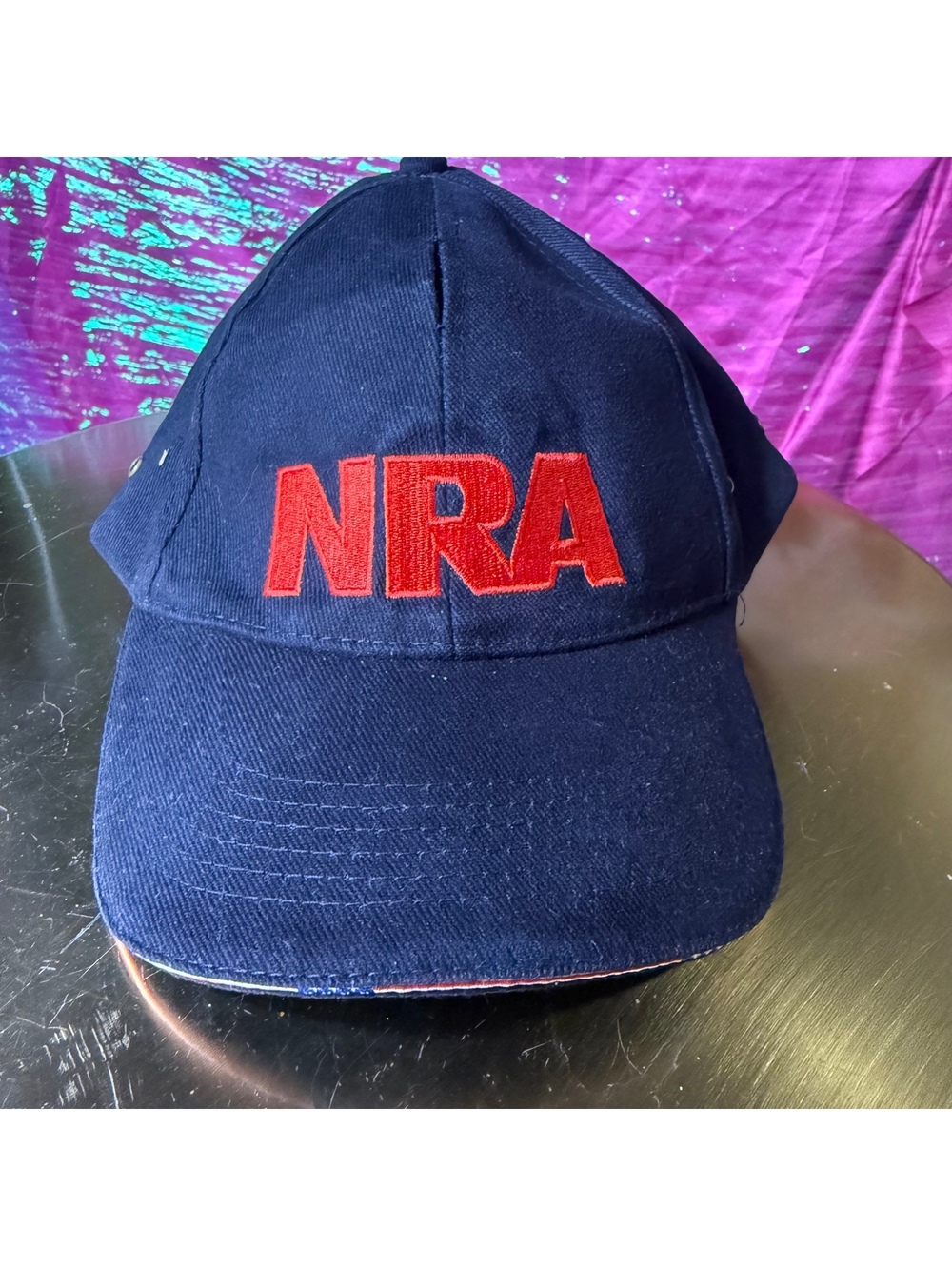 NRA Stand and Fight Hat Navy Red Embroidered Sandwich Brim Brass Strapback Cap